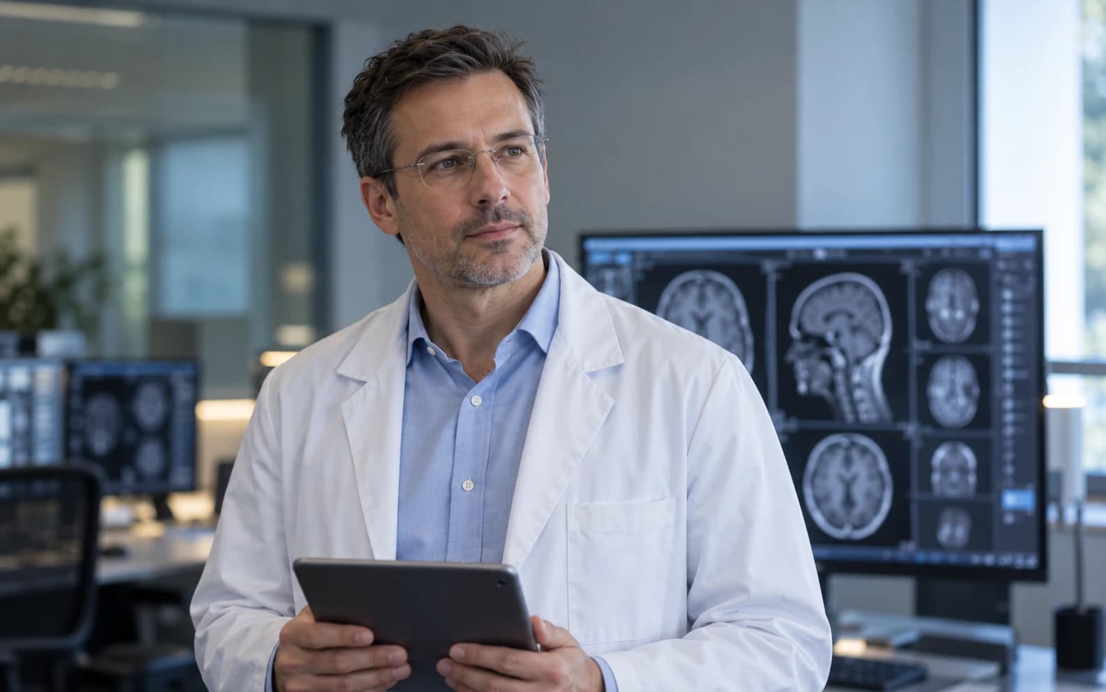 Neurologe mit Tablet vor Monitoren mit Hirn-MRT-Aufnahmen