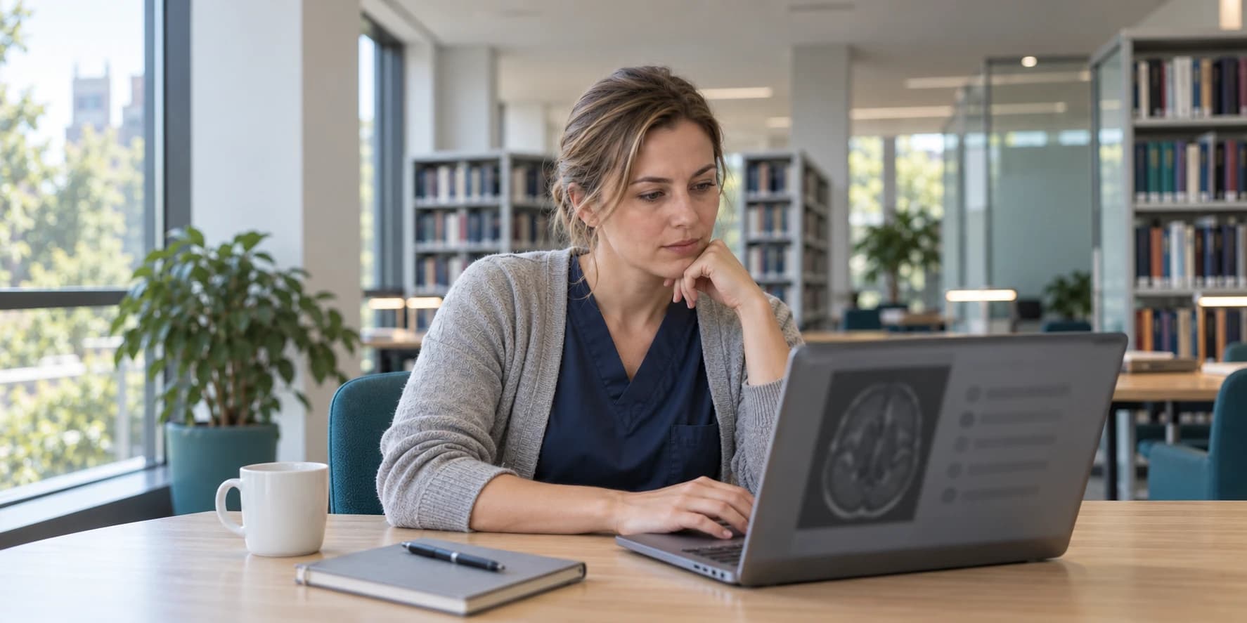 Assistenzärztin bearbeitet am Laptop in einer Bibliothek eine Frage zu einem Hirn-MRT